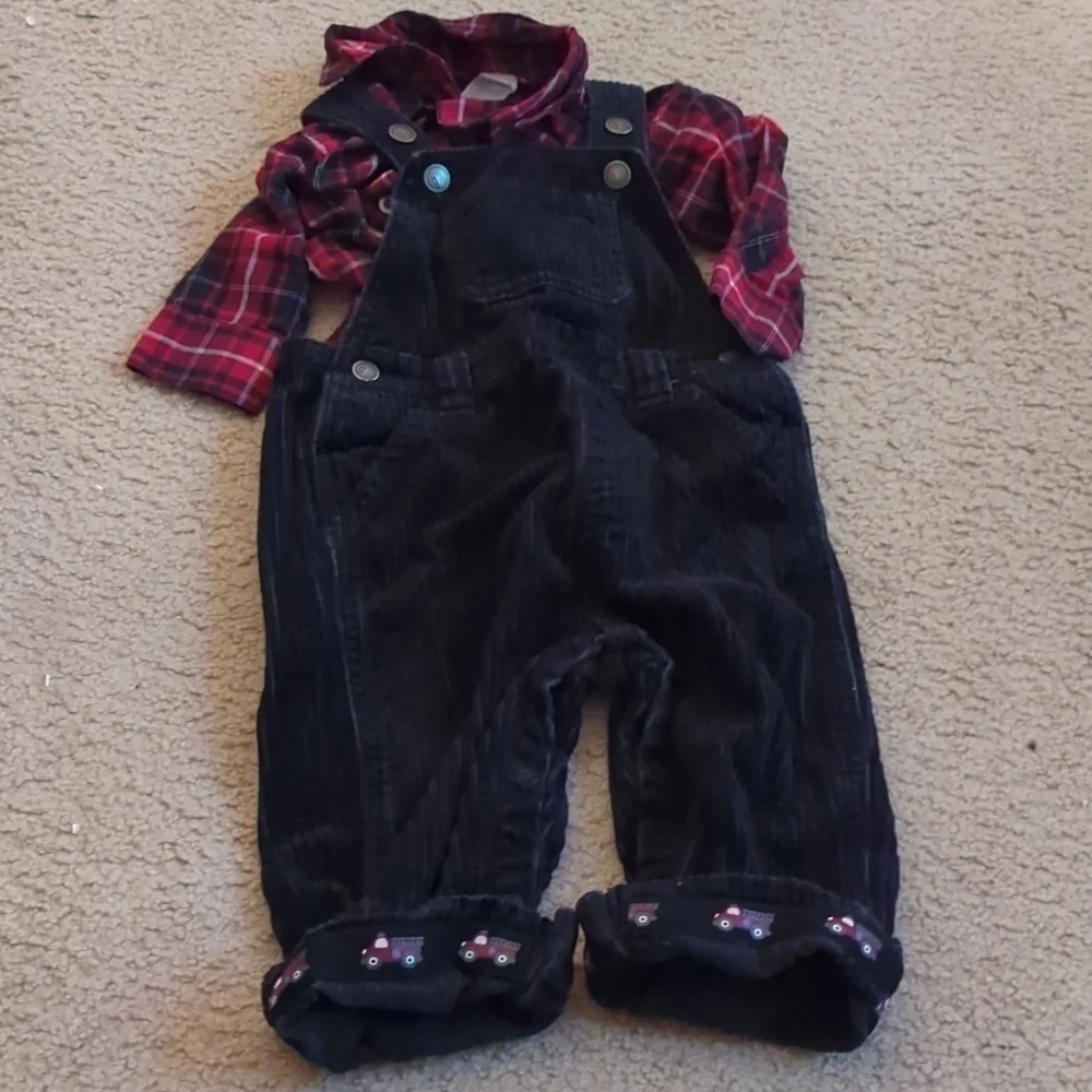 Gymboree Red & Black Plaid Corduroy Fire Truck Overalls Set Size 6-12 Month